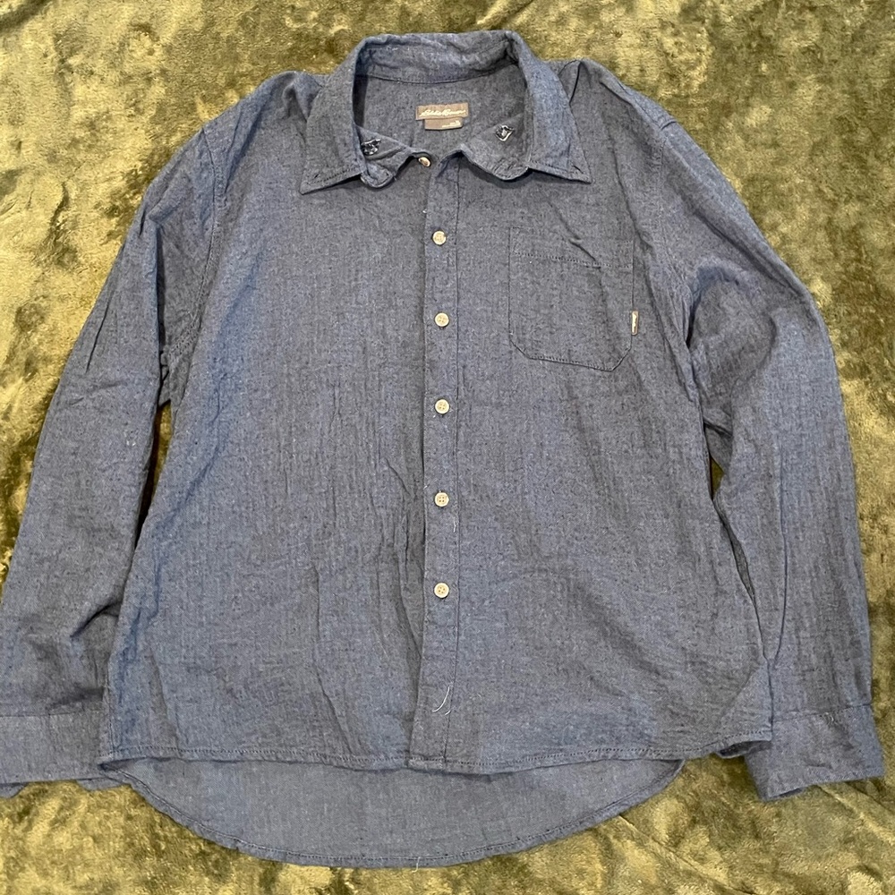 Men's Blue Knit Eddie Bauer Long Sleeve Button Up Shirt 100% Cotton Size XL